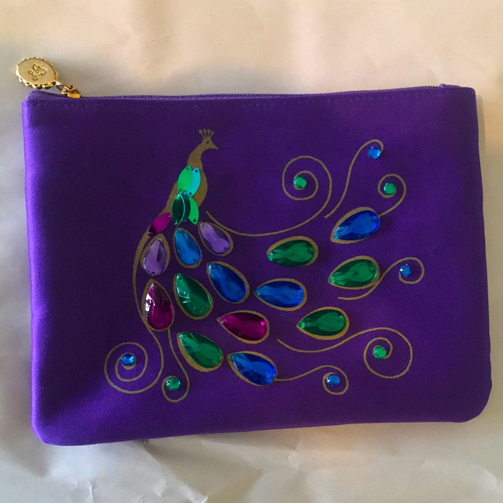 Vintage 1990s Lulu Guinness Purple Peacock Clutch. Mint cond. with original box.